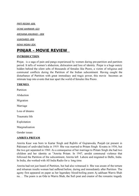 Pinjar movie review - PRITI REGMI- 606 OCINE AHIRWAR- 623 ARCHANA ...