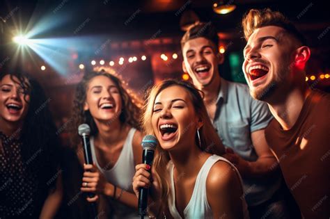 Premium AI Image | Group of friends singing in a karaoke bar with a ...