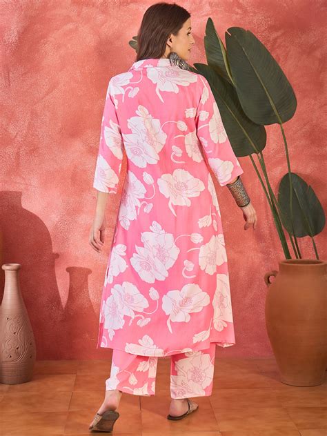 Pink Floral Printed Lapel Collar A-Line Kurta With Trouser Kurta Set ...