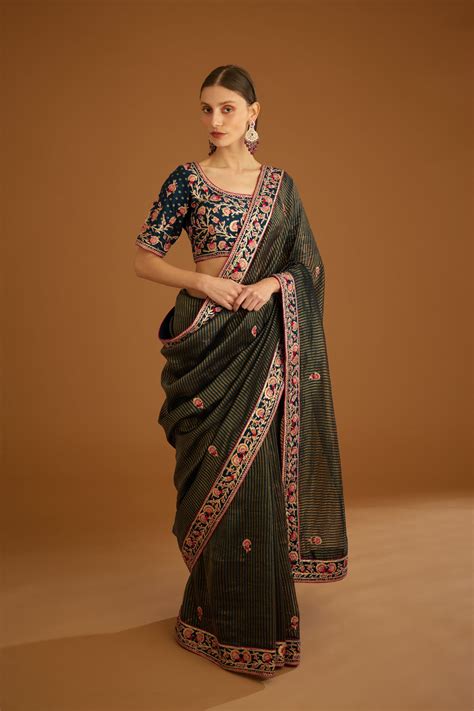 Shyam Narayan Prasad - Dark navy blue Saree set - Elahe
