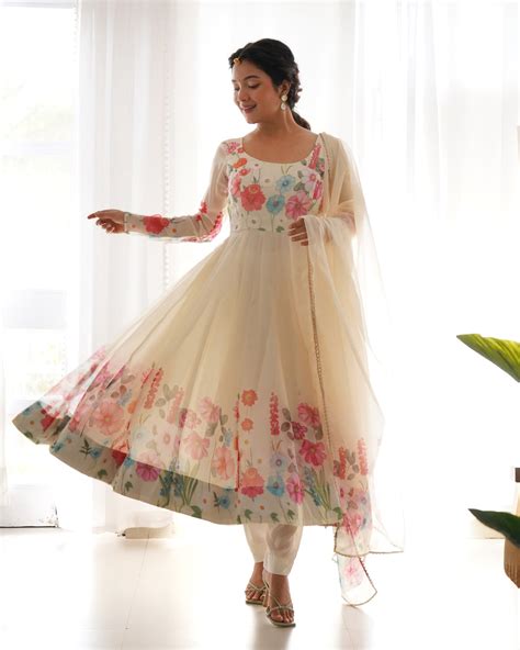 Cream Color Floral Organza Anarkali Suit Set for Festivals