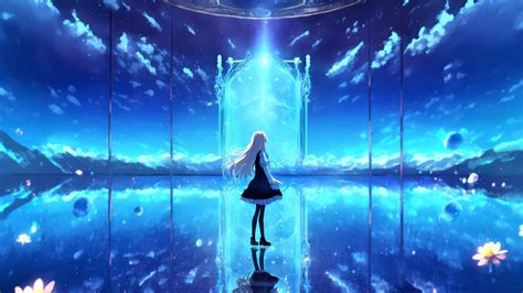 Wallpaper girl, portal, reflection, glow, blue, anime hd, picture, image