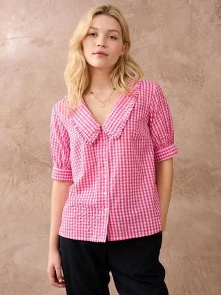 Brora Gingham Ruffled Chelsea Collar Shirt, Peony