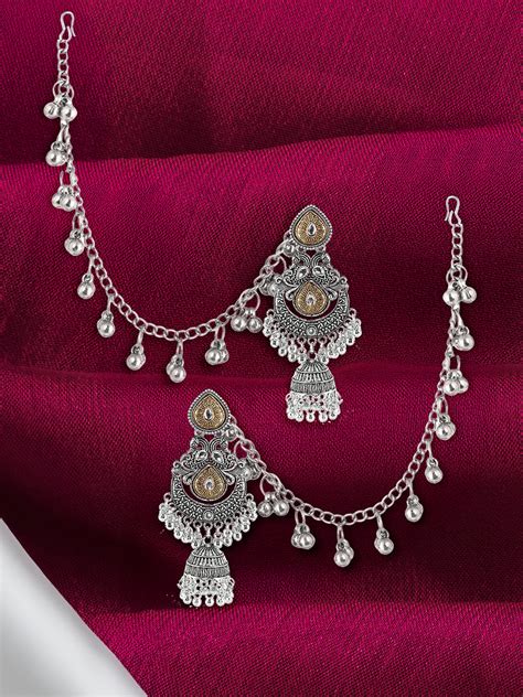 Dual-Tone Afghani Jhumka Earrings With Ear Chain – PRIVIU