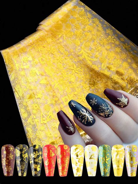 10PCS Christmas Golden Luxury Nail Foils Set Winter Snowflake Christmas ...
