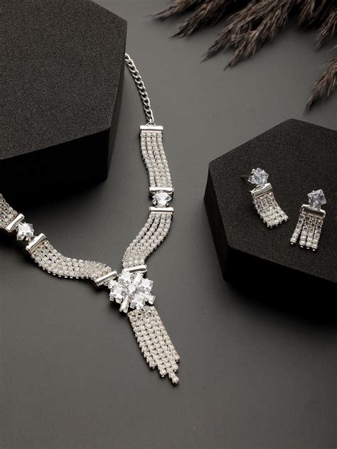 Priyaasi Elegant Floral AD Studded Silver-Plated Jewellery Set