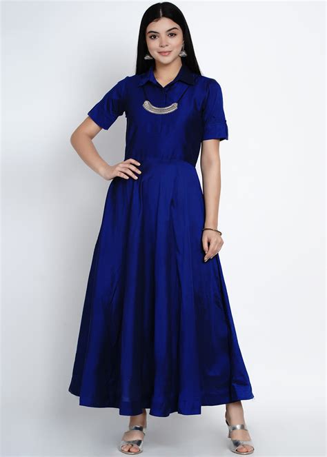 Get Shirt Collar Detail Blue Polyester Pleated Gown With Necklace at ...