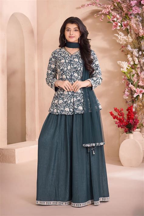 Dark Green Embroidered Palazzo Set with Dupatta For Girls – Lagorii Kids