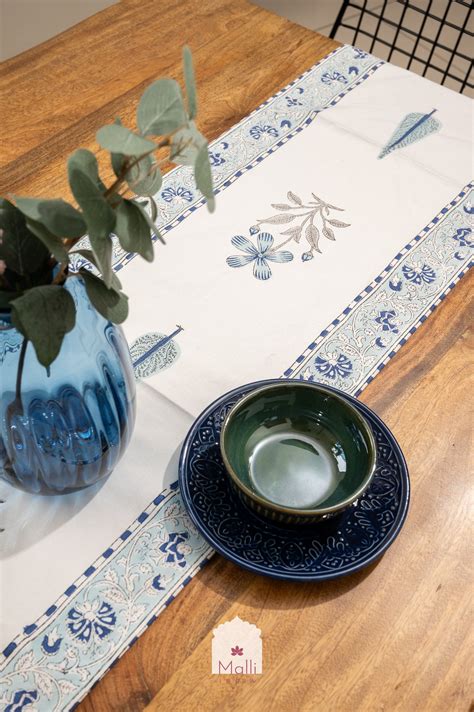 Blue florals with floral border - 6 seater runner in canvas cotton ...