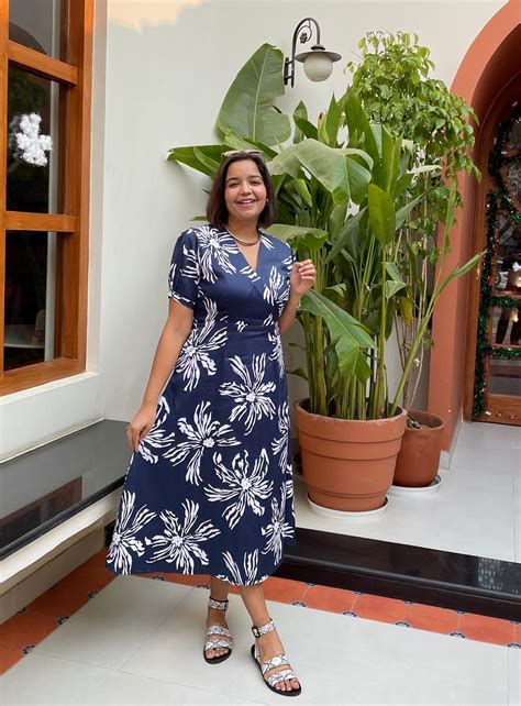 Navy Blue Floral Printed Midi Dress