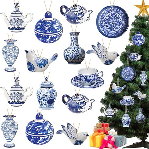 40 Pieces Christmas Chinoiserie Ornaments Blue and White Christmas ...