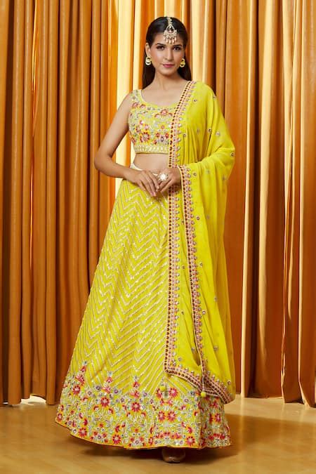 Buy Yellow Georgette, Linen Embroidery, Sequins Asymmetric Threadwork ...