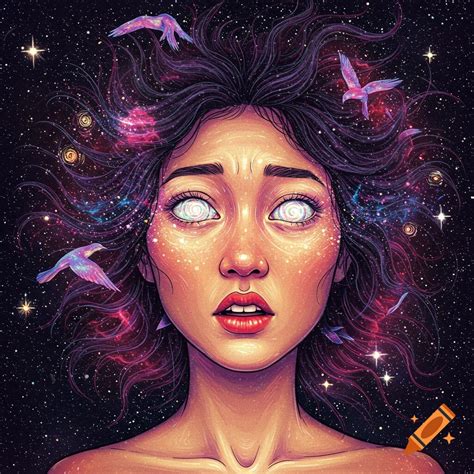 Fantasy portrait of a woman with flowing pink and purple hair and glowing particles. on Craiyon