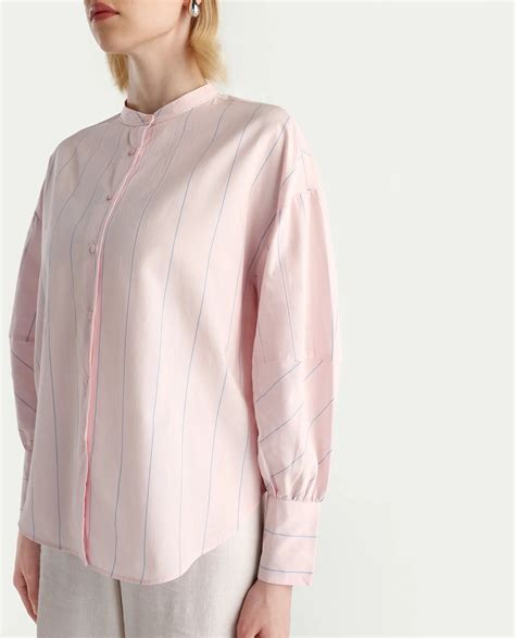 Rareism Women's Buvo Pastel Pink Cotton Volume Sleeve Mandarin Collar