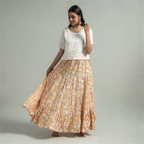 Yellow Sanganeri Block Printed Tiered Cotton Long Skirt
