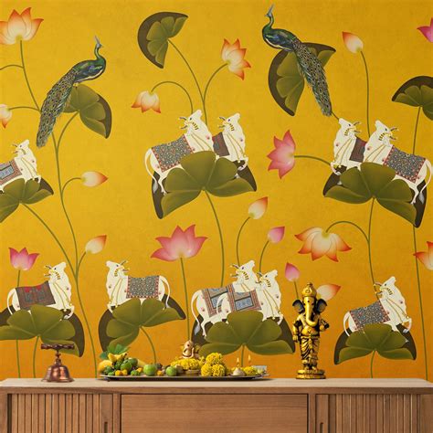 Pichwai Floral Cow Painting Inspired Wallpaper for Walls | Life n Colors