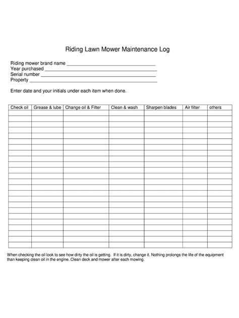 Riding Lawn Mower Maintenance Log Form - Fill Online, Printable ...