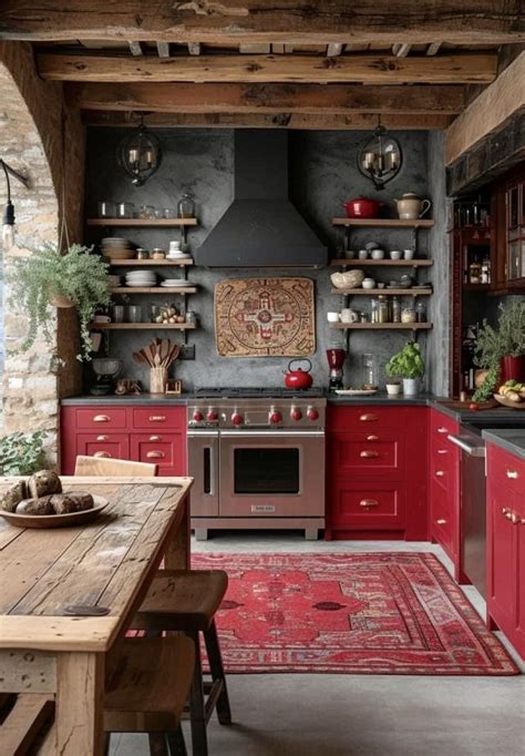 Image result for Primitive Red Color Kitchen Cabinets