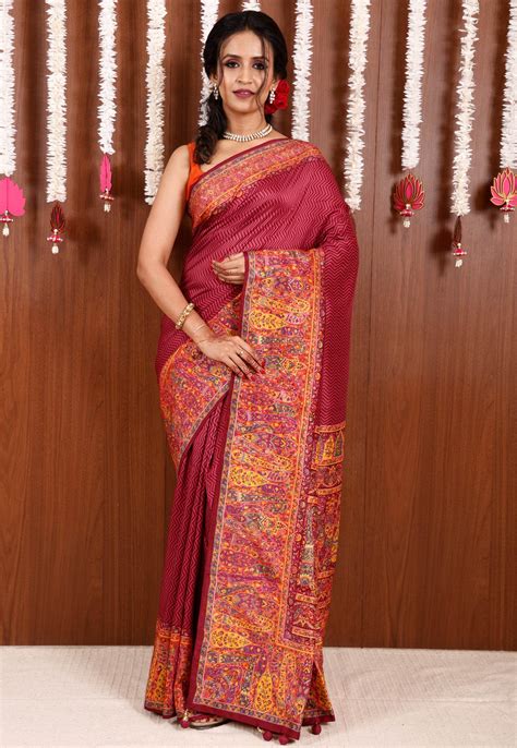 Rani Pink Kani Silk Saree With Blouse Piece By Adi Akshoy