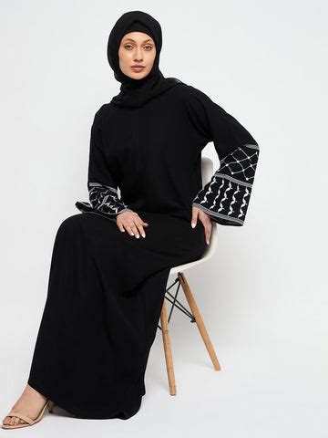 Nabia Kefiyyeh Embroidery Front Zip Closure Black Abaya Burqa with Bla
