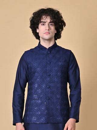 Men's Navy Blue Embroidered Kurta & Jacket Set – Maahi Fabs