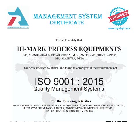 Hi-Mark Process Eqipments : Certifications & Quality Control