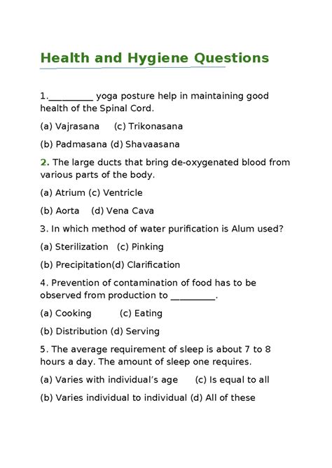 HH Questions - Practice Questions for Health & Hygiene Exam - Studocu