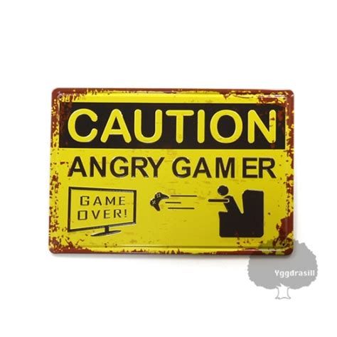 ANGRY GAMER ブリキ サインプレート 看板 CAUTION 黄×黒イエロー スチール ボード アメリカン ゲーマー エンボス 凸凹 ...
