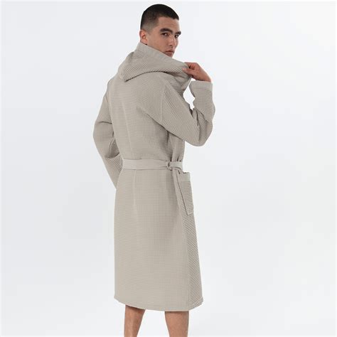 Men's Stone Beige Hooded Turkish Cotton Waffle Robe | SEYANTE