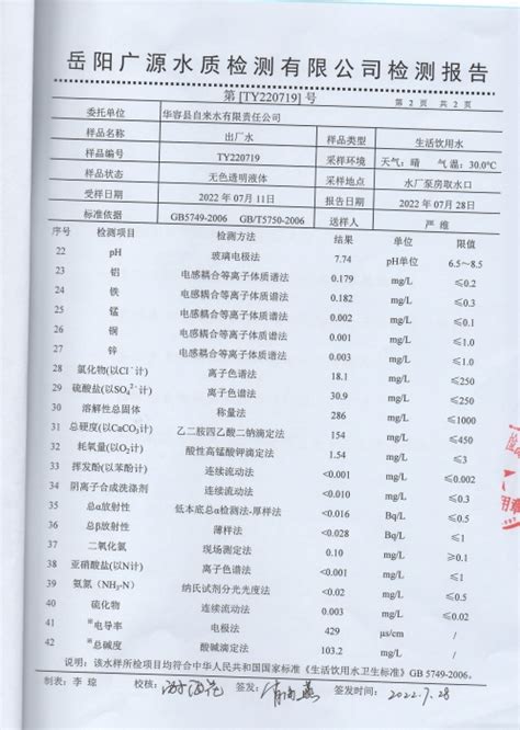 2022年7月水质检测报告(出厂水) -华容县政府网