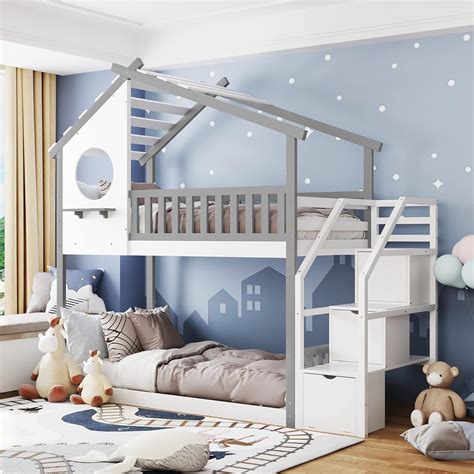 MERITLINE House Bunk Bed with Stairs and Storage, India | Ubuy