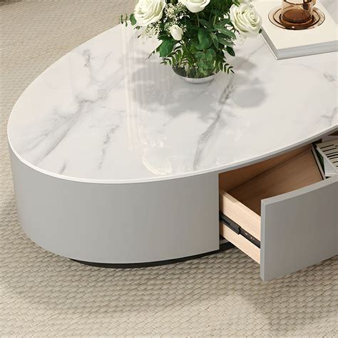 Modern Oval Stone Coffee Table with White Top, Drum Base, and Drawers ...