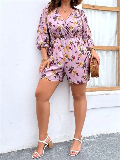 Plus Floral Print Surplice Neck Romper | SHEIN USA
