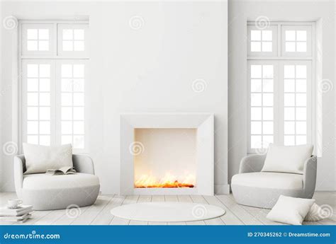 Modern Style White Living Room Furnished with a Minimal Fireplace with ...
