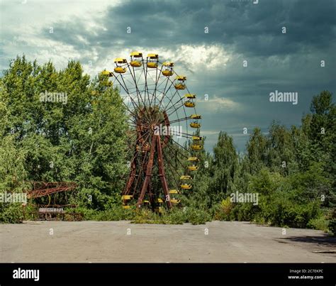 Iconic pripyat ferris wheel seen from the open area in front of it. No ...