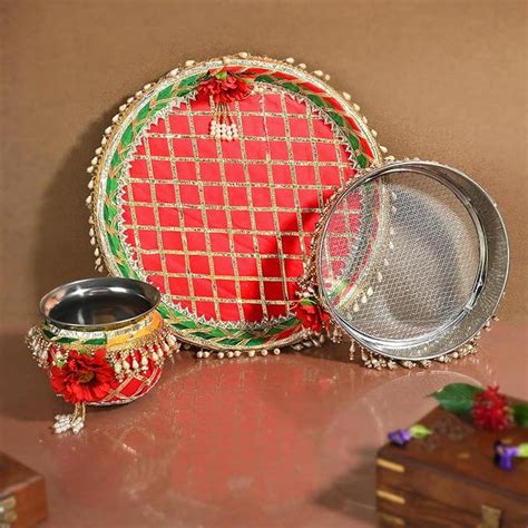 Perpetual Fancy Karwachauth Puja Thali Set - Pack of 3 Designer Karwa ...