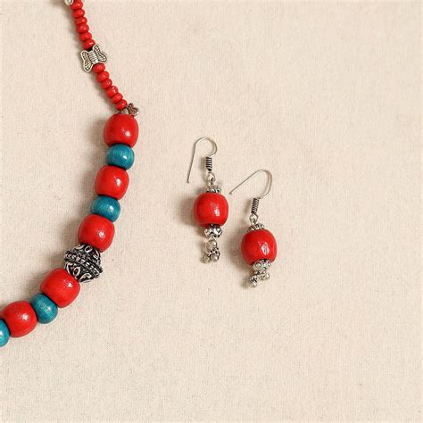 Red German Silver Wooden Beads Necklace Set