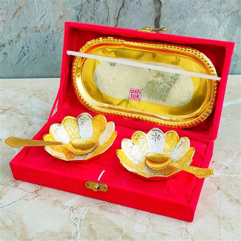 Gold and Silver Plated Dry Fruit Bowl, Brass Gift Bowl and Tray Set ...