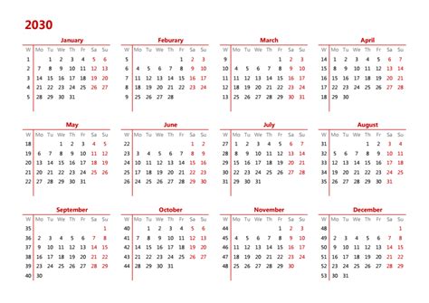 2030年日历全年表 模板D型 免费下载 - 日历精灵