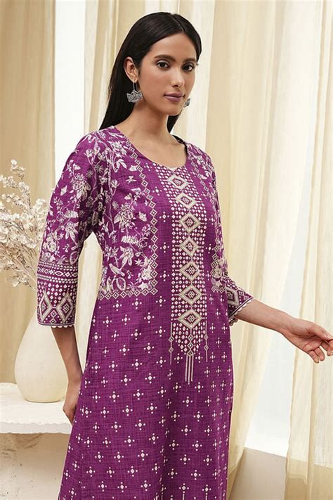 Purple Cotton Printed Straight Kurta at Biba India