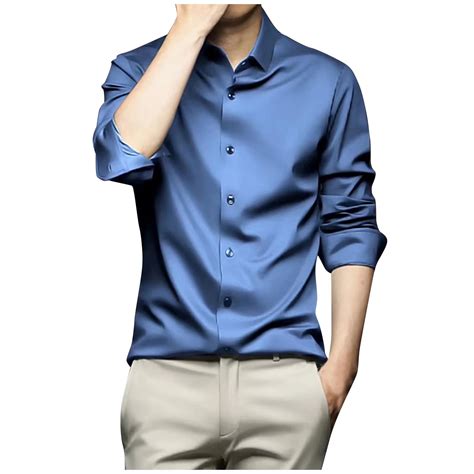 Elvqul Shirts for Men Long Sleeve Collared Solid Button up Blue Mens ...