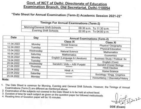 DoE published the Date sheet for Class IX and XI for session 2021-22 ...
