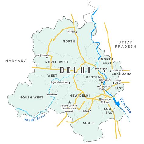 Mapa detallado de Delhi con distritos y lugares importantes | Vector Premium