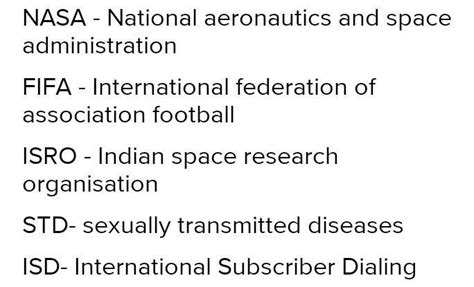 What is the full form of the following:-1. NASA2. FIFA3. ISRO4. STD5 ...