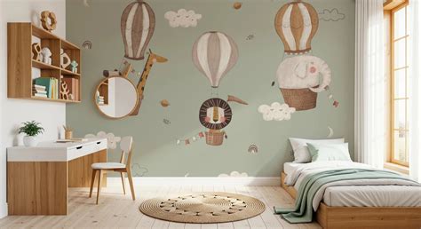 Green Animal Balloon Ride Wall Mural for Kids Rooms