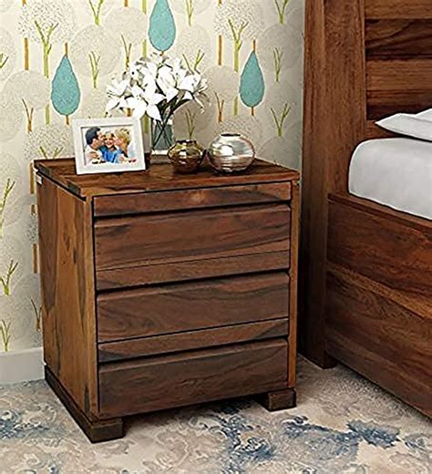 NvN Furniture Sheesham Wood Bedside End Table with 3 Drawer Storage for ...