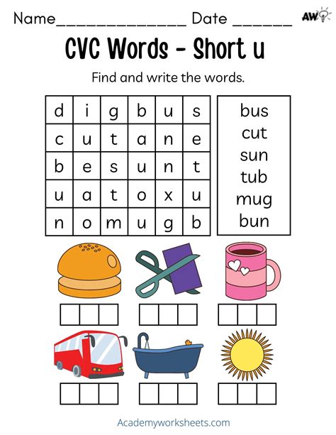 Short u Phonics Worksheets CVC Words - Academy Worksheets