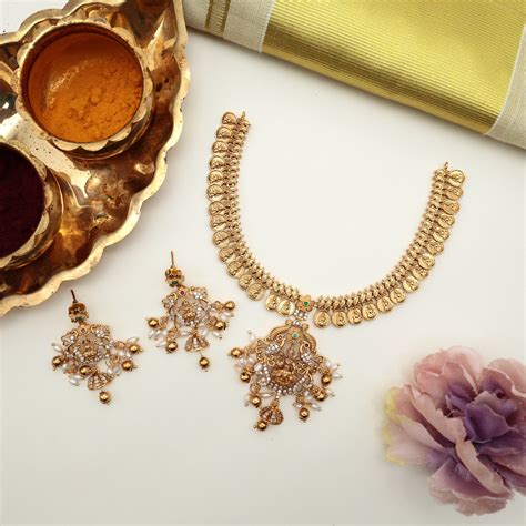 Antique Gold Matte AD Lakshmi Coin Necklace Set