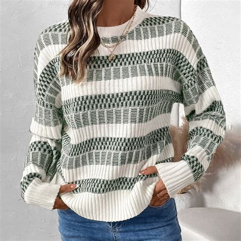 Aueoeo Women's Striped Knit Sweaters Fall Winter Crew Neck Long Sleeve ...