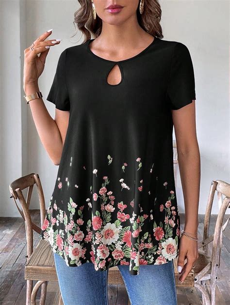Luneh Floral Print Keyhole Neckline Tee | SHEIN USA